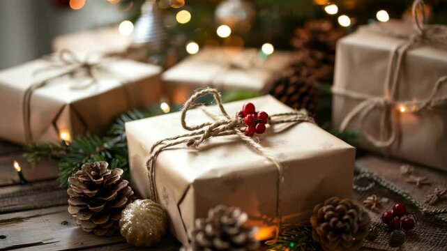 A warmly lit holiday scene featuring handcrafted gifts wrapped in brown paper, tied with twine and berries, arranged with pinecones under a Christmas tree with soft, bokeh-lit festive decor.