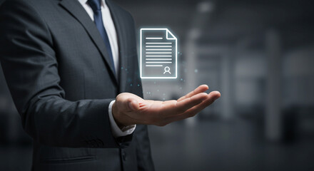 Businessman Holding Digital Document in Hands Real estate business ,technology ,selling ,purchasing ,agreement ,$