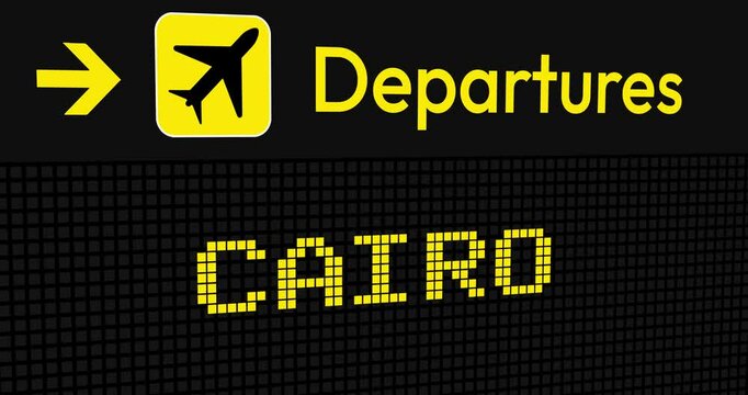 Cairo Flight departure status showing on the screen 4k animation seamless loop. Airplane, traveling, flight status