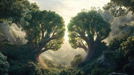 Obraz premium Majestic Twin Trees in a Sunlit Mountain Valley