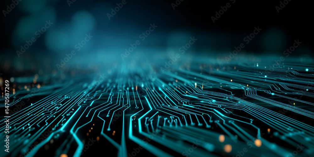 Aufkleber abstract image of glowing teal circuit board lines, creating a digital, technological aesthetic symb