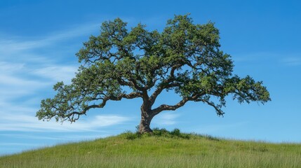 Fototapeta premium Majestic Oak Tree on Grassy Hilltop Under a Blue Sky