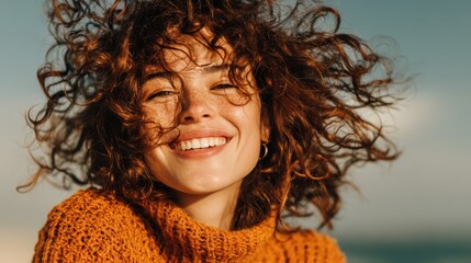 Happy woman smiling, radiating positivity, isolated on background