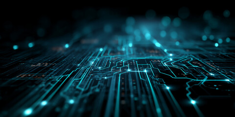 Abstract image of glowing teal circuit board pathways, representing digital technology, innovation, and connectivity
