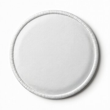 White round blank embroidery patch isolated. Empty template for logo or design. Textile label with stitches. Mockup for brand. Product presentation. Textile object for customization or decor.