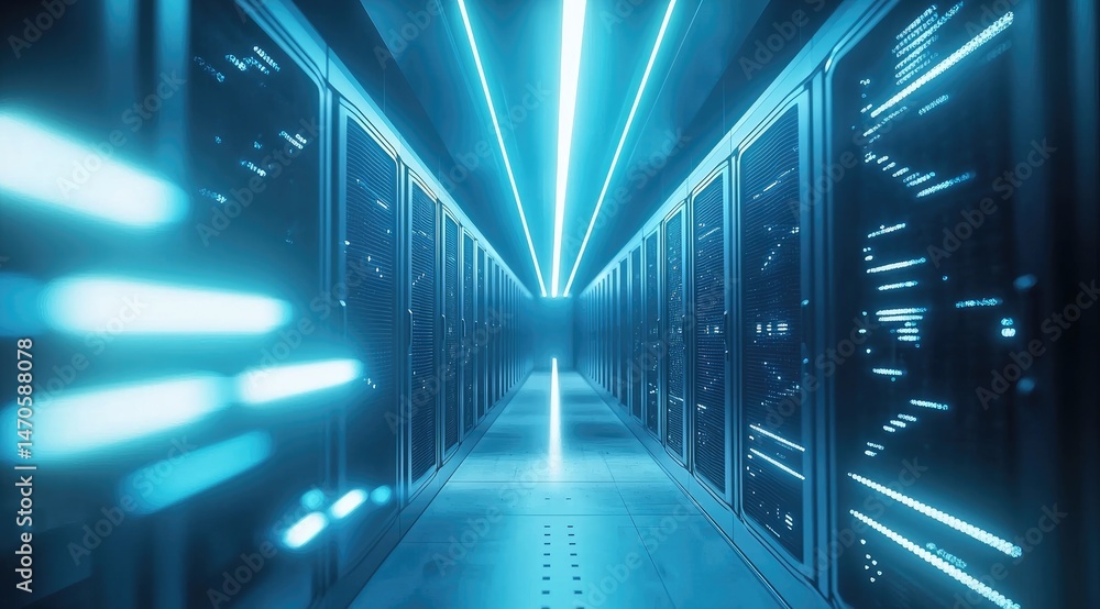 Poster futuristic corridor of servers with glowing blue lights and reflective surfaces, great for represent