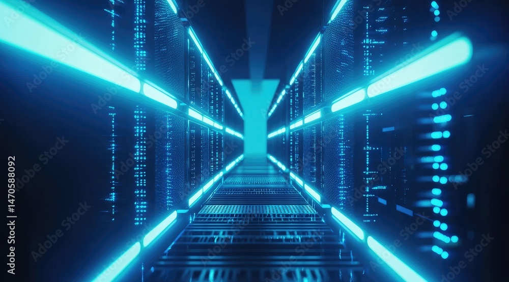 Poster bright futuristic server corridor with glowing lights and data racks stretching forward, ideal for c