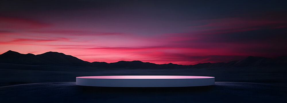 An elegant scene featuring a sleek podium in a dark desert environment, highlighted by a stunning gradient sky, creating a dramatic atmosphere perfect for showcasing products with clear space for