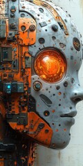 Profile View of Robot Head with Glowing Eye and Detailed Mechanical Components, Futuristic Technology Concept