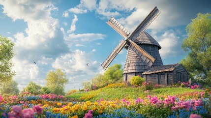 Old Windmill in a Vibrant Spring Meadow under a Sunny Sky
