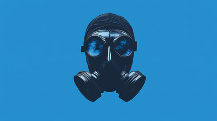 A person wearing a gas mask is in the air. the mask is black and has a blue filter. [Toxic Carnival] | Fuming Mask | toxic grin. Illustration