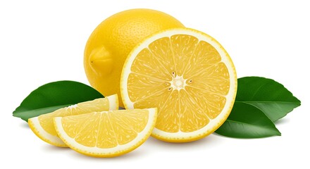 Fototapeta premium High-Resolution Image of Cut Lemon with Scattered Slices and Green Lemon Leaves on Clean White Surface under Soft Natural Light