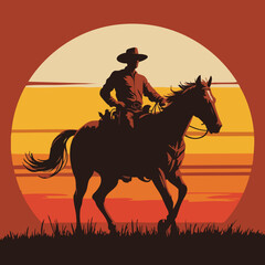 Retro Cowboy Silhouette Riding Horse at Sunset &ndash; Bold Western Illustration with Vintage Colors and Circular Gradient Design

