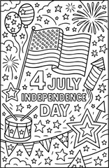 Independence Day coloring page for kids featuring the Statue of Liberty, fireworks, American flag, balloons, and festive decorations.