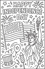 Independence Day coloring page for kids featuring the Statue of Liberty, fireworks, American flag, balloons, and festive decorations.