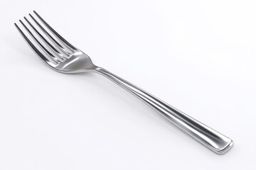 Shiny silver fork on white background.  Clean, minimalist design.