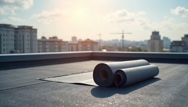 Installation of flat roof with heating and melting bitumen roofing felt. Rolls of waterproofing material on rooftop. Roof repair, construction, building industry. Urban background sunny day.