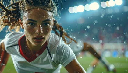 Female Soccer Player in Action Under Stadium Lights
