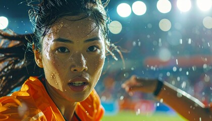 Female Soccer Player in Action Under Stadium Lights