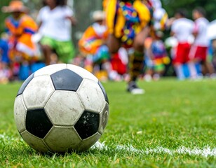 Soccer Ball on Field with Players in Action