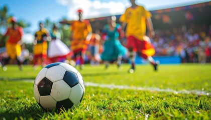 Soccer Ball on Field with Players in Action
