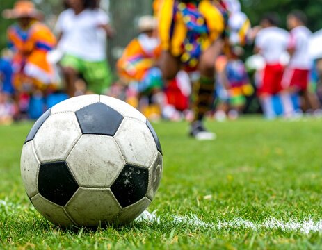 Soccer Ball on Field with Players in Action