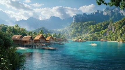 Naklejka premium Tropical Paradise: Overwater Bungalows on Turquoise Lagoon