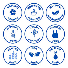set of BPA FREE, alcohol free, natural,, gluten free, plastic free, no toxic, natural scents, palm oil free, vegan food, vegan product stamp, label, tag, icon, design, icon for advertising, marketing