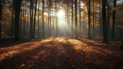 Obraz premium Sunlight streams through autumn forest, casting shadows on fallen leaves
