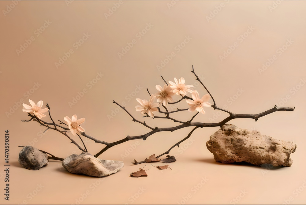 Aufkleber ベージュの背景に花が咲く枝と岩を配した静物写真 繊細な花と自然の要素が調和した美的構成 禅の雰囲気とミニマルなデザイン
