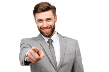 Confident businessman pointing towards the viewer in a professional setting