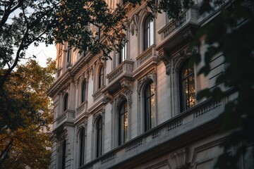 Elegant, ornate building facade with large windows and intricate detailing, bathed in warm sunlight.