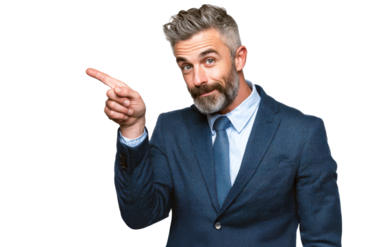 Businessman joyfully pointing to direct attention on isolated background in casual pose