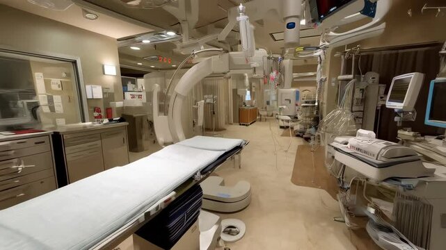 View of a well-equipped hospital operating room featuring medical monitors, surgical tools, and a patient bed, ready for a procedure.
