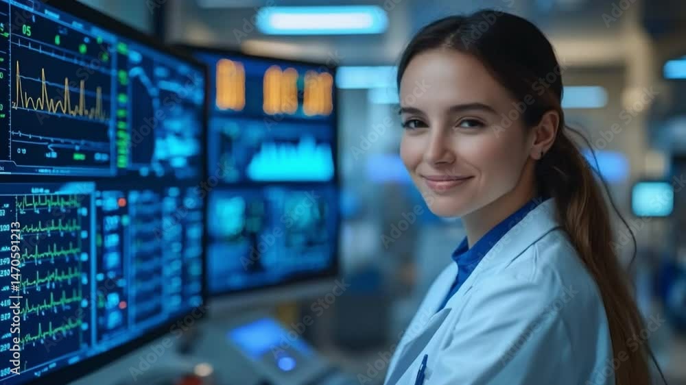 Poster scientist portrait: a female scientist in a lab coat, beaming with confidence and expertise, stands 