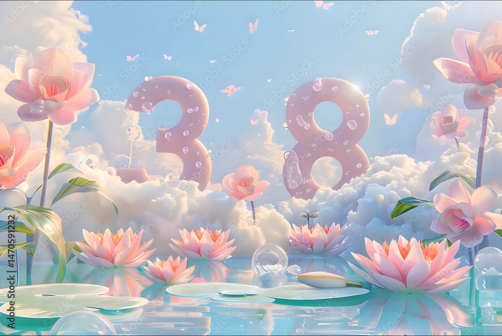 Poster ピンクの蓮の花と数字が浮かぶ雲のある夢のような水辺の風景イラストライトブルーの背景