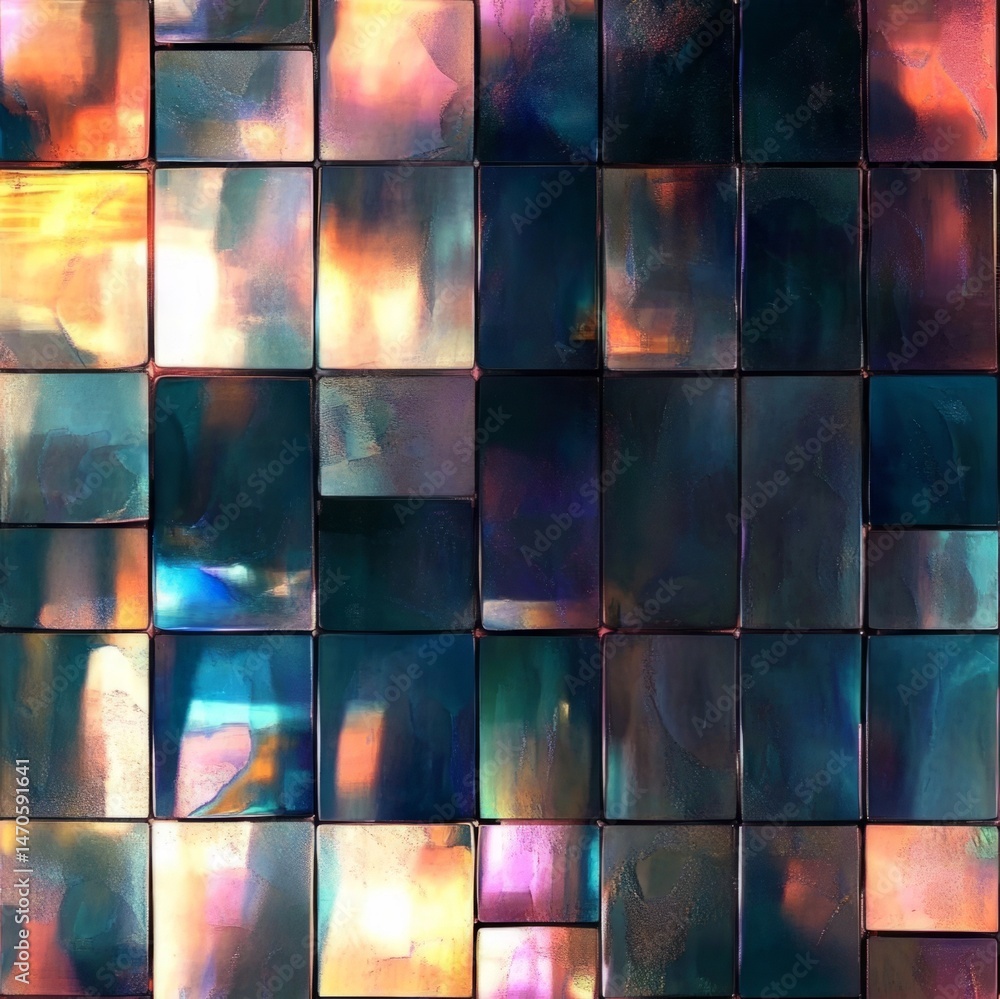 Fototapete abstract tiles: a mesmerizing abstract composition of iridescent square tiles, reflecting a spectrum