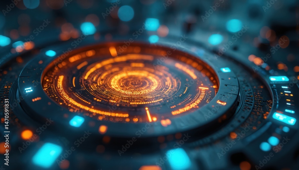 Aufkleber Close-up tech design. Digital abstract with glowing neon orange, blue light. Futuristic circuit board. Concept of artificial intelligence tech. Innovative computer data processing. Modern tech