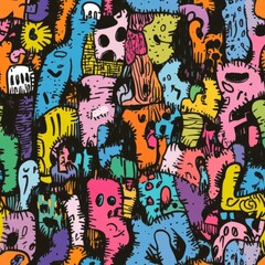 Colorful Abstract Art: A vibrant tapestry of playful shapes, featuring a variety of expressive creatures and quirky forms, intricately woven together in a dynamic composition.