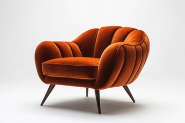 Luxurious orange velvet armchair with channel tufting and dark wood legs, exuding mid-century modern elegance.