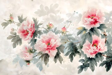 柔らかいピンクの牡丹の花の水彩画のイラスト 優雅なアジア風の背景 美術的な装飾デザイン