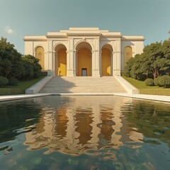 Obraz premium Architectural illustration of Paris Olympics venue. Classical building with arches, stairs, water reflection, green trees, blue sky. Olympic spirit, tribute to sport, games, competition.