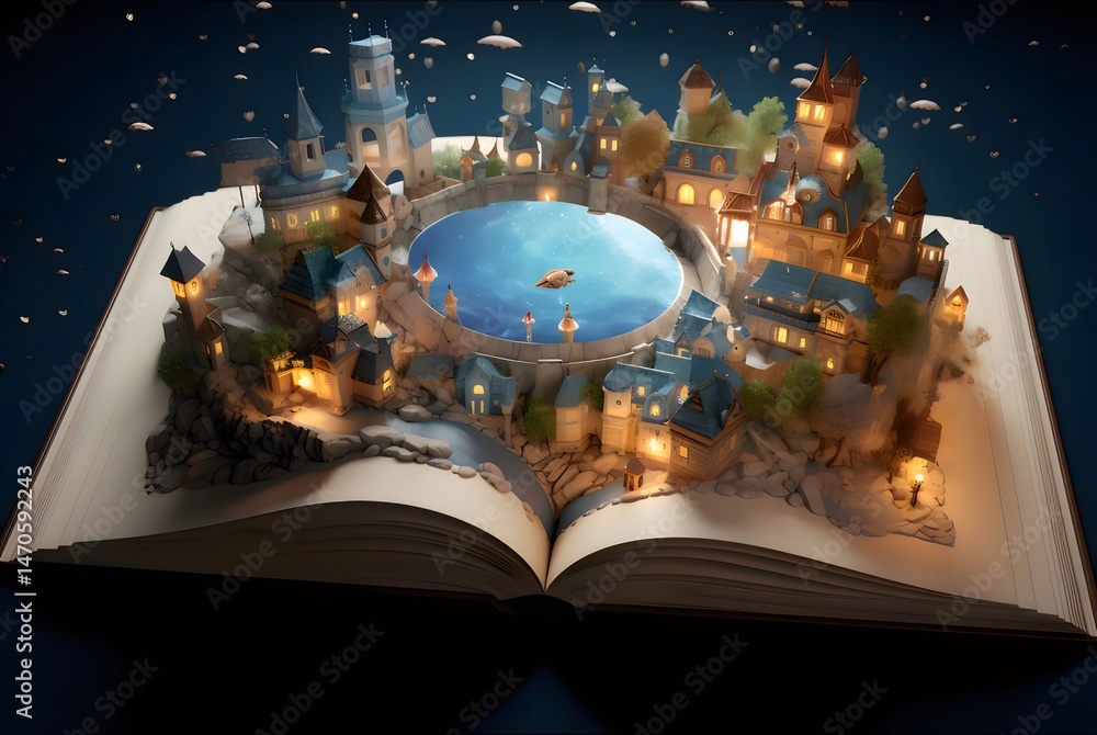 Aufkleber 開かれた本に描かれたファンタジー都市 ライトアップされた建物と湖のある夜の村のイラスト