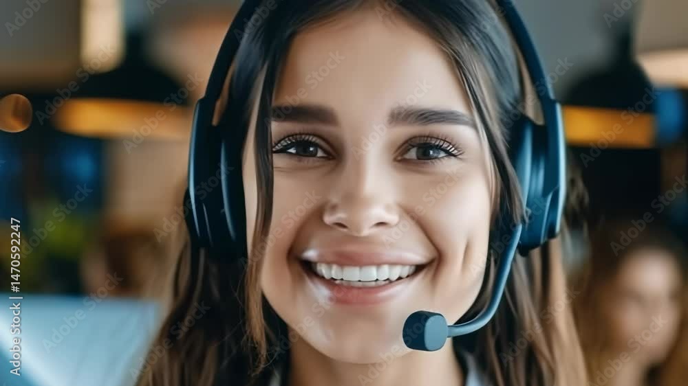 Poster close-up of a smiling woman wearing a headset with a microphone. she's working in a call center and 