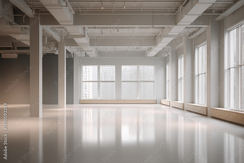 Poster empty modern office space with large windows showcasing city view, offering ample free space, perfec