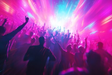 purple dynamic shot of a rave crowd, jumping in unison to the electronic music. dancing people at a party, neon colors. 