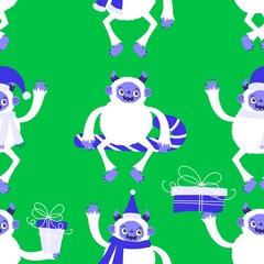 Winter monsters seamless Christmas yeti pattern for wrapping paper and fabrics