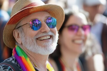 gay elder couple attending a community event, surrounded by friends and allies at pride LGBTQ parade, celebrating liberty, diversity, and inclusivity. Social activism. 