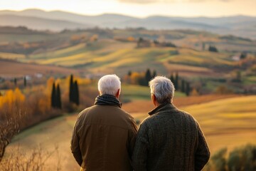retired gay senior couple admiring the hills of Tuscany, Italy bathed in the warm colors of autumn. Retirement lifestyle. 