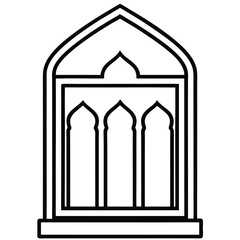 Line art showcases a minimalistic mosque facade with three arched windows in black and white